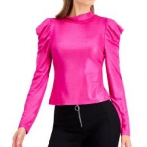 NWOT Metallic Hot Pink Long Sleeve Shiny Puff Shoulder